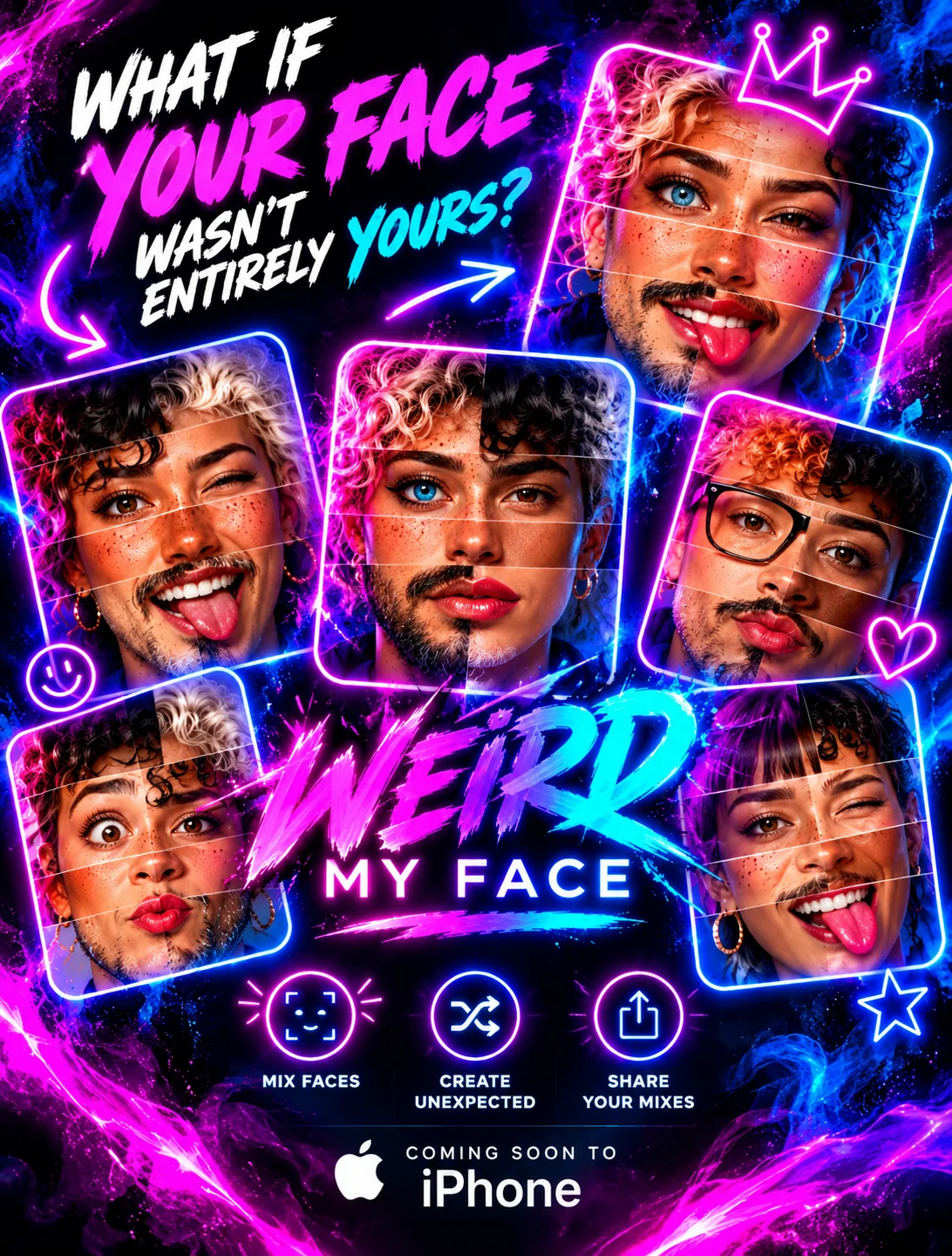 Neon WEIRD MY FACE teaser with a face made of mismatched facial features